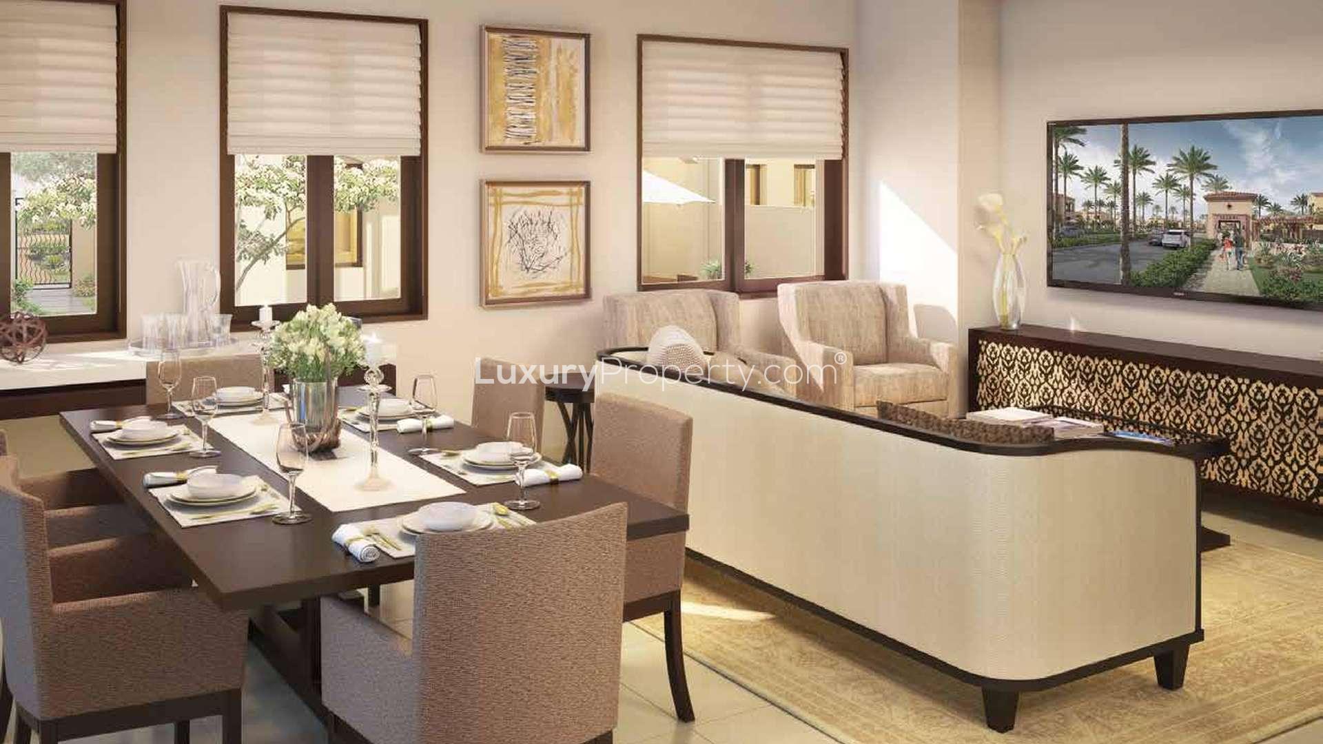 Luxurious bedroom in Mediterranean-style townhouse, Bella Casa, Serena, Dubailand. Cozy and elegant decor