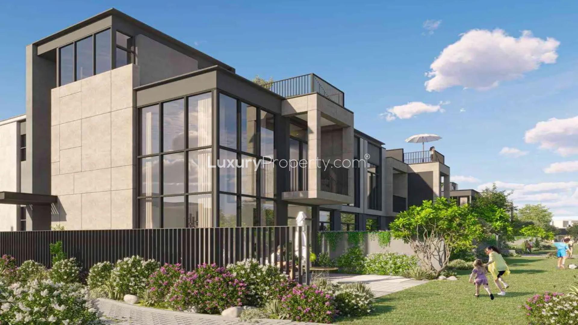 Modern Phase 5 townhouse exterior with garden in Mudon Al Ranim, Dubai