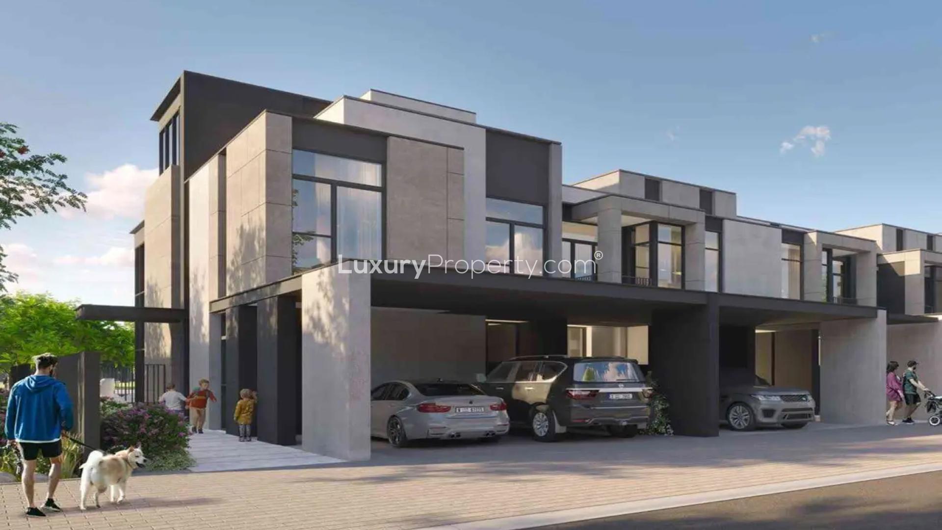 Modern bedroom with large window, garden view in Mudon Al Ranim townhouse, Dubai