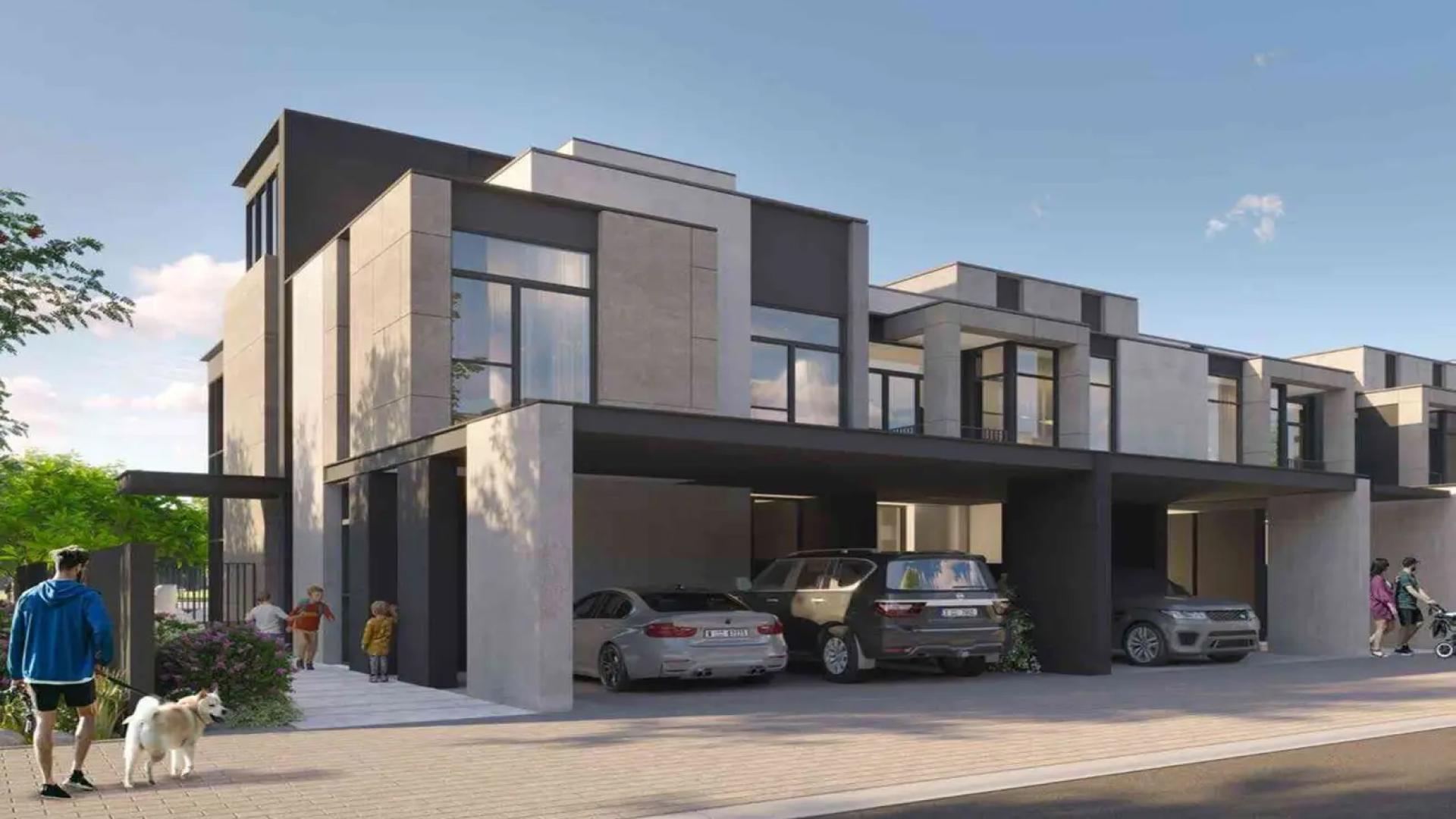 Modern bedroom with large window, garden view in Mudon Al Ranim townhouse, Dubai