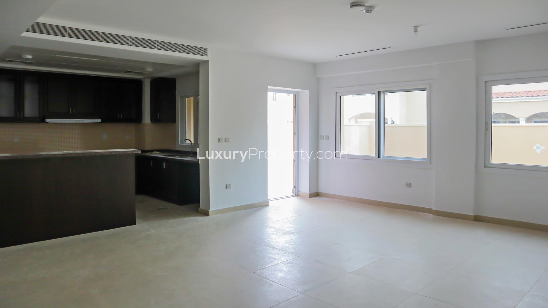 Brand new Serena townhouse interior with large windows, bright open space, Casa Viva Dubai
