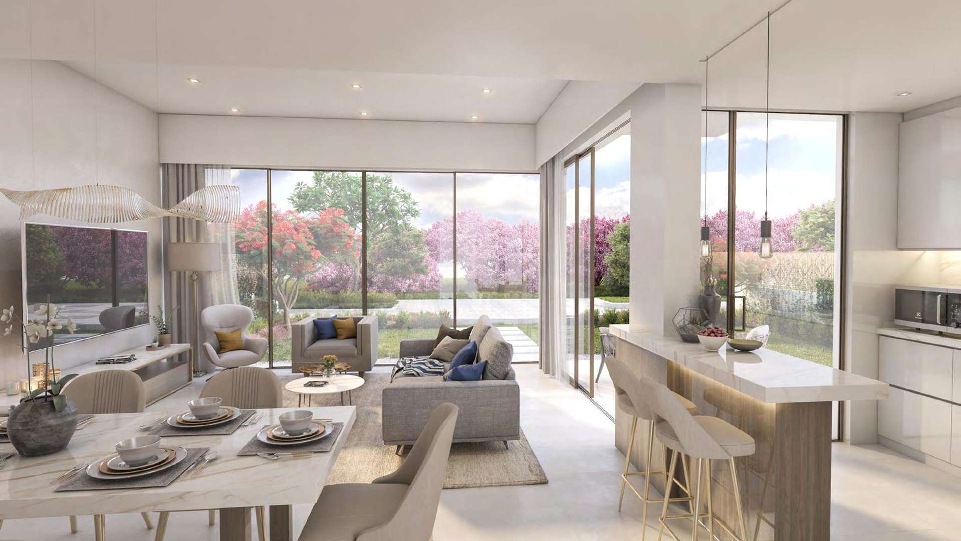 Contemporary open-plan living area in Cherrywoods townhouse, Dubailand, featuring modern kitchen and dining space