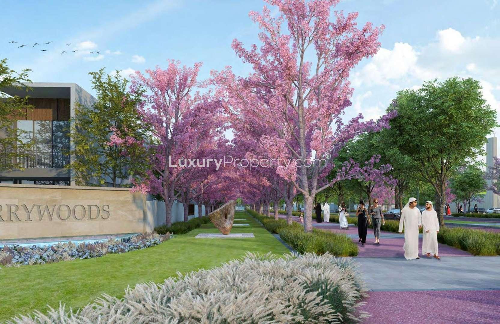 Luxurious open-plan living area in Cherrywoods townhouse, Dubailand with garden views