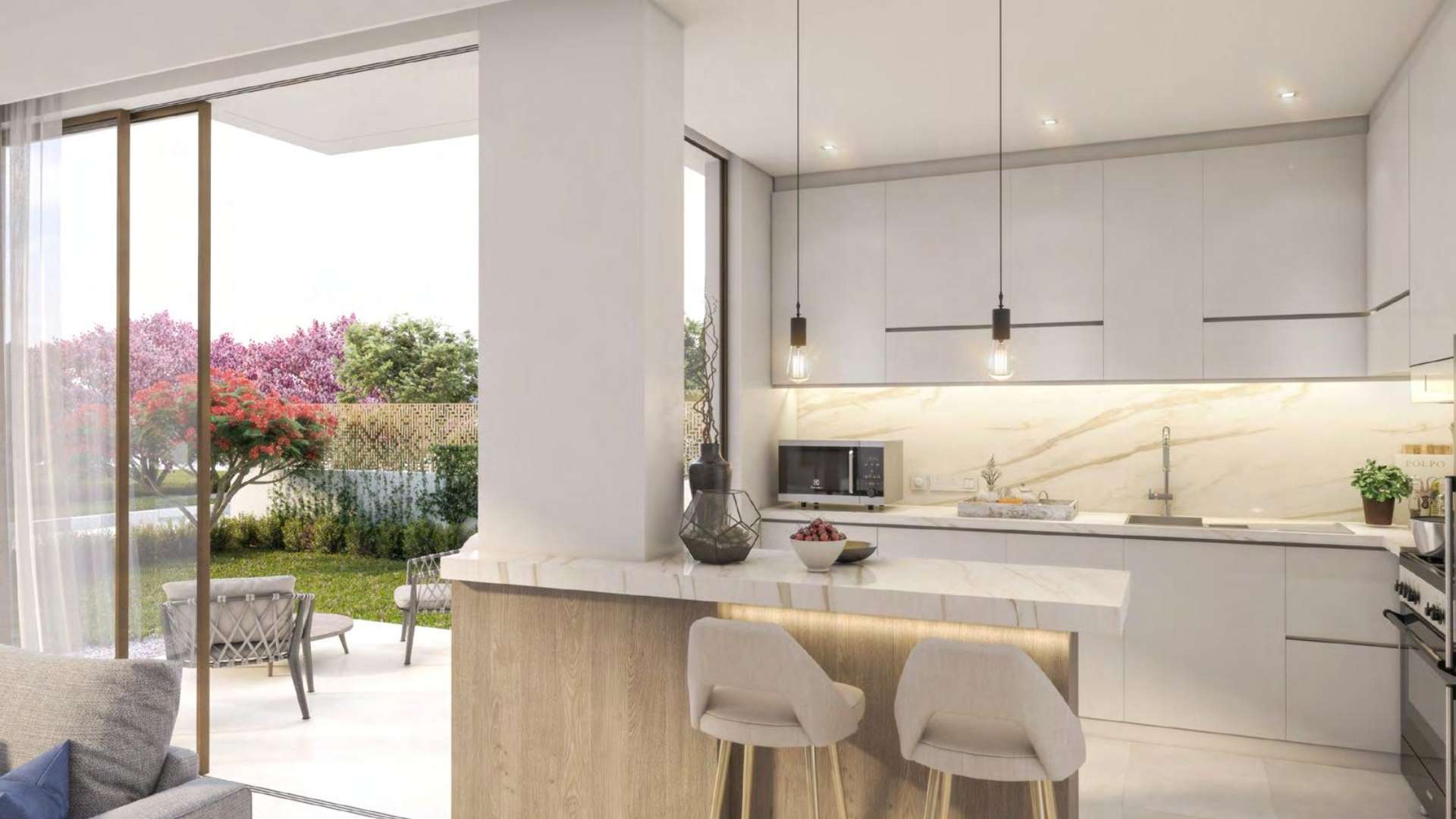 Modern open-plan living area in Cherrywoods townhouse, Dubailand, with garden view