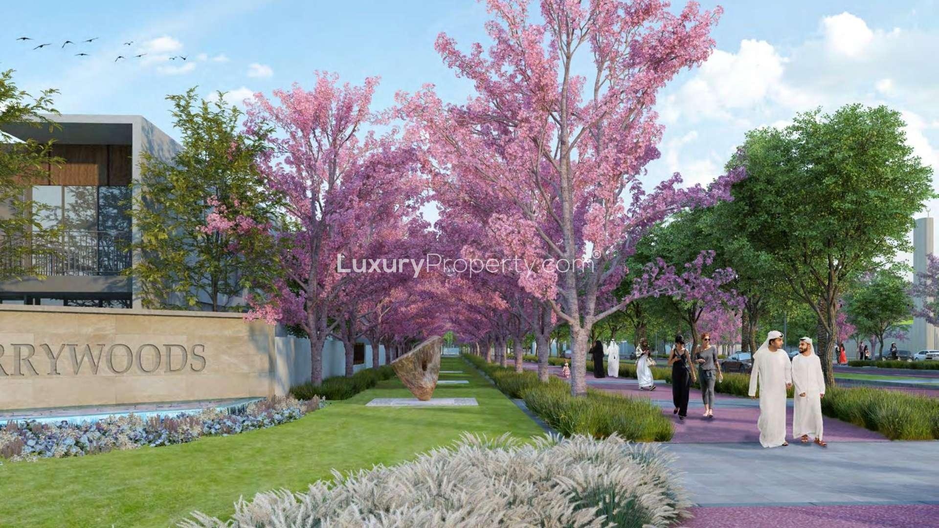 Modern kitchen and garden view in Cherrywoods townhouse, Dubai Land, for sale