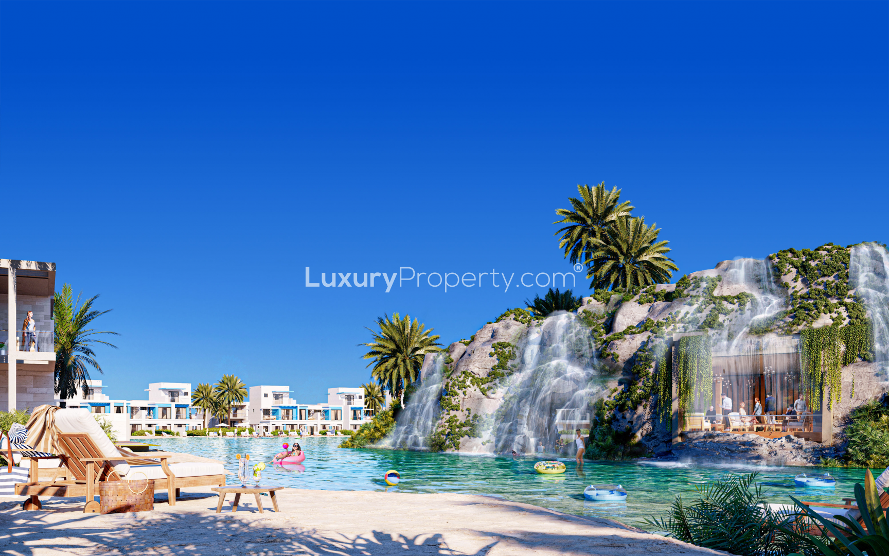 Luxury Damac Lagoons townhouse with pool, waterfall, and sun loungers for sale