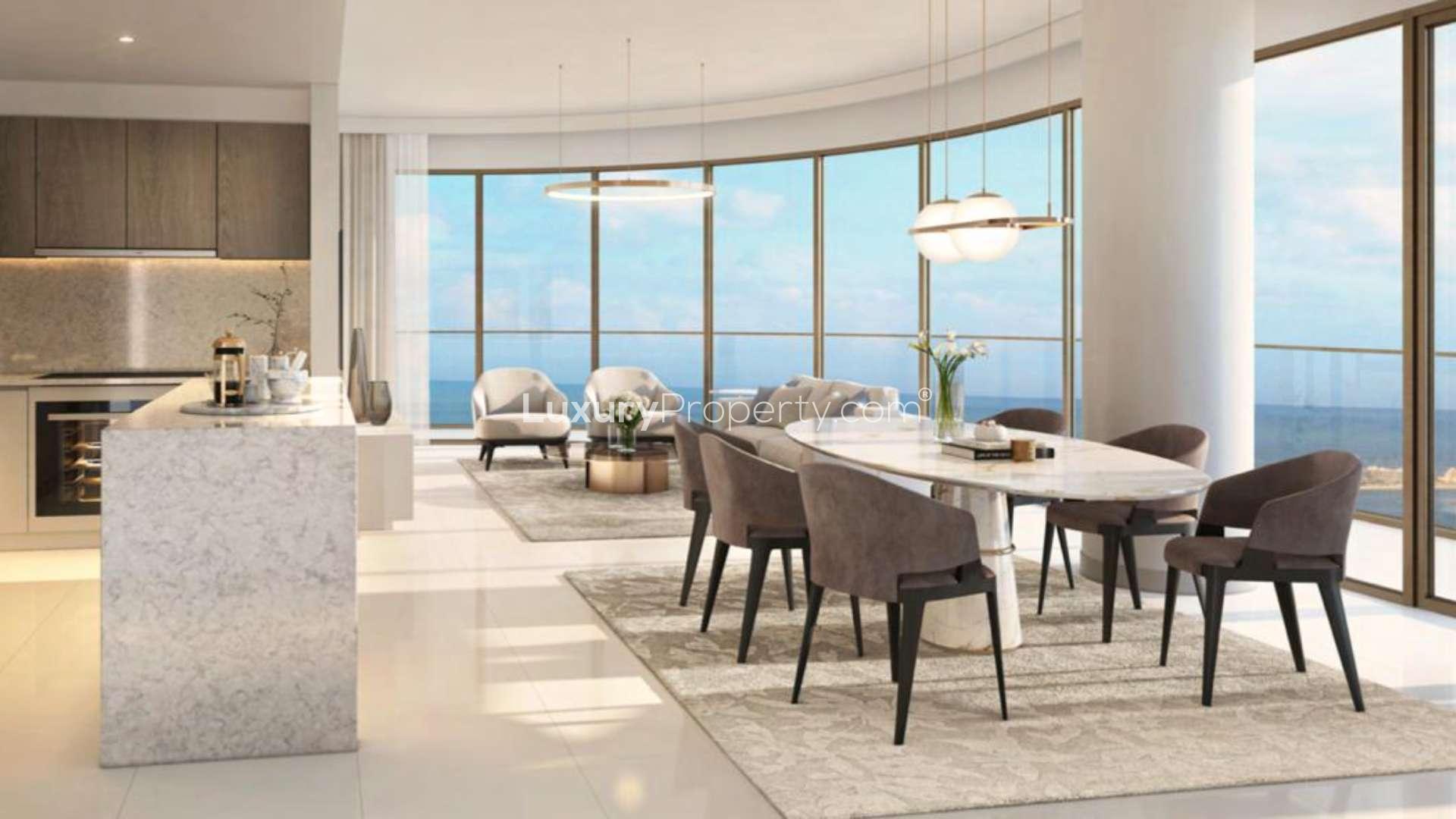 Dining area with ocean view in Emaar Beachfront townhouse, Dubai Harbour