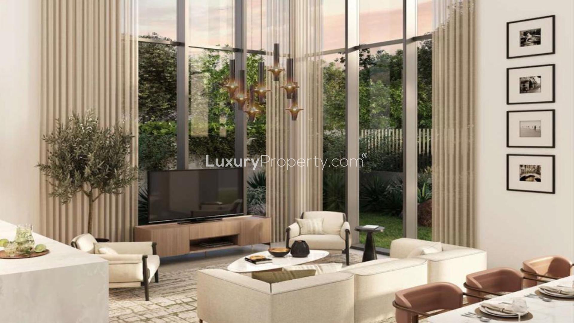 Modern townhouse exterior in Mudon Al Ranim 7 community, lush garden view, LP46138