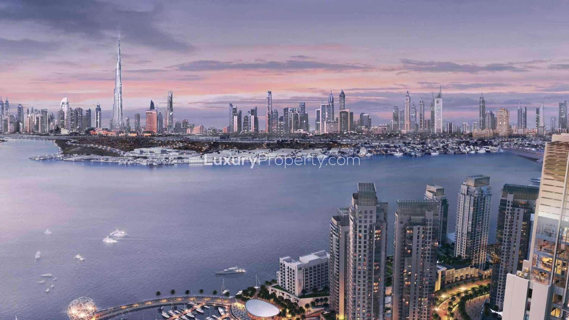 Aerial view of Dubai Creek Harbour skyline near luxury 3-bedroom townhouse for sale