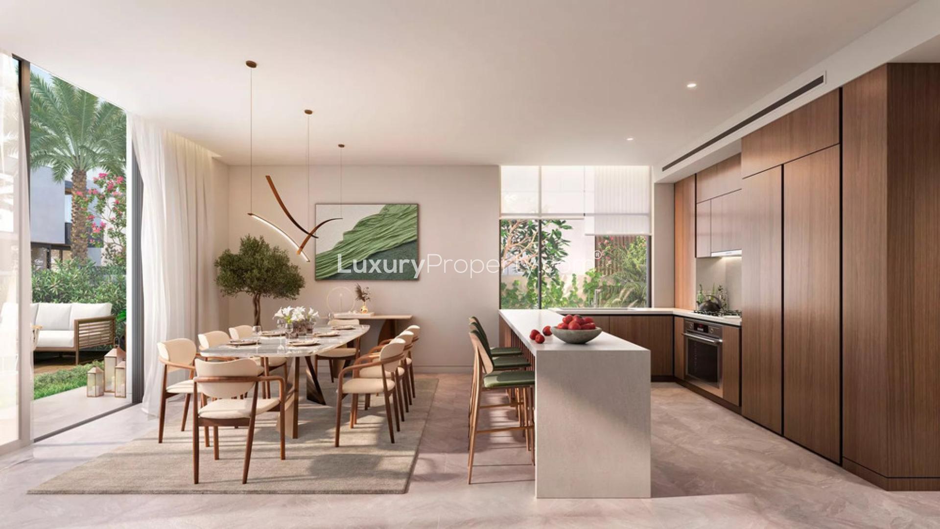 Modern living room in 3-bed townhouse, Haven by Aldar, Dubai Land. Spacious and elegant