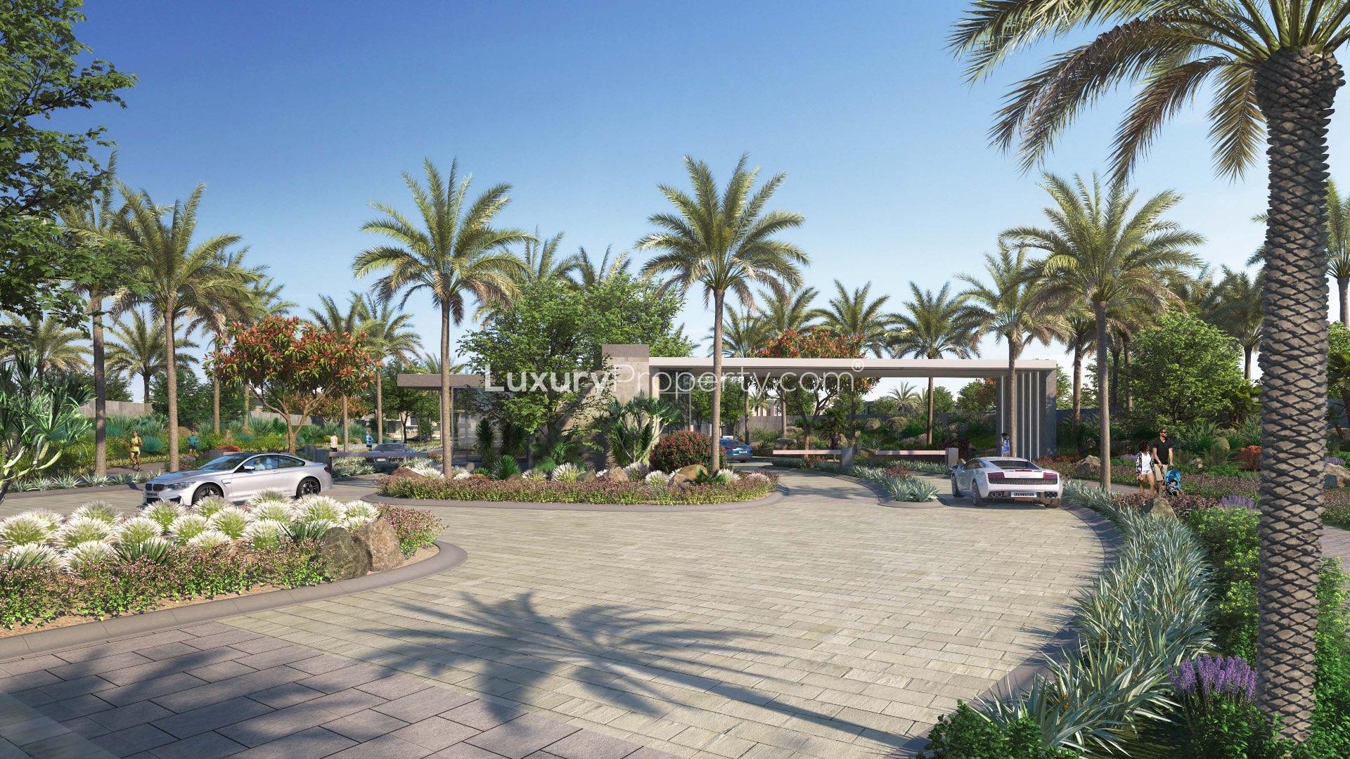 Luxurious pool and garden area in Jebel Ali Village townhouse community for sale