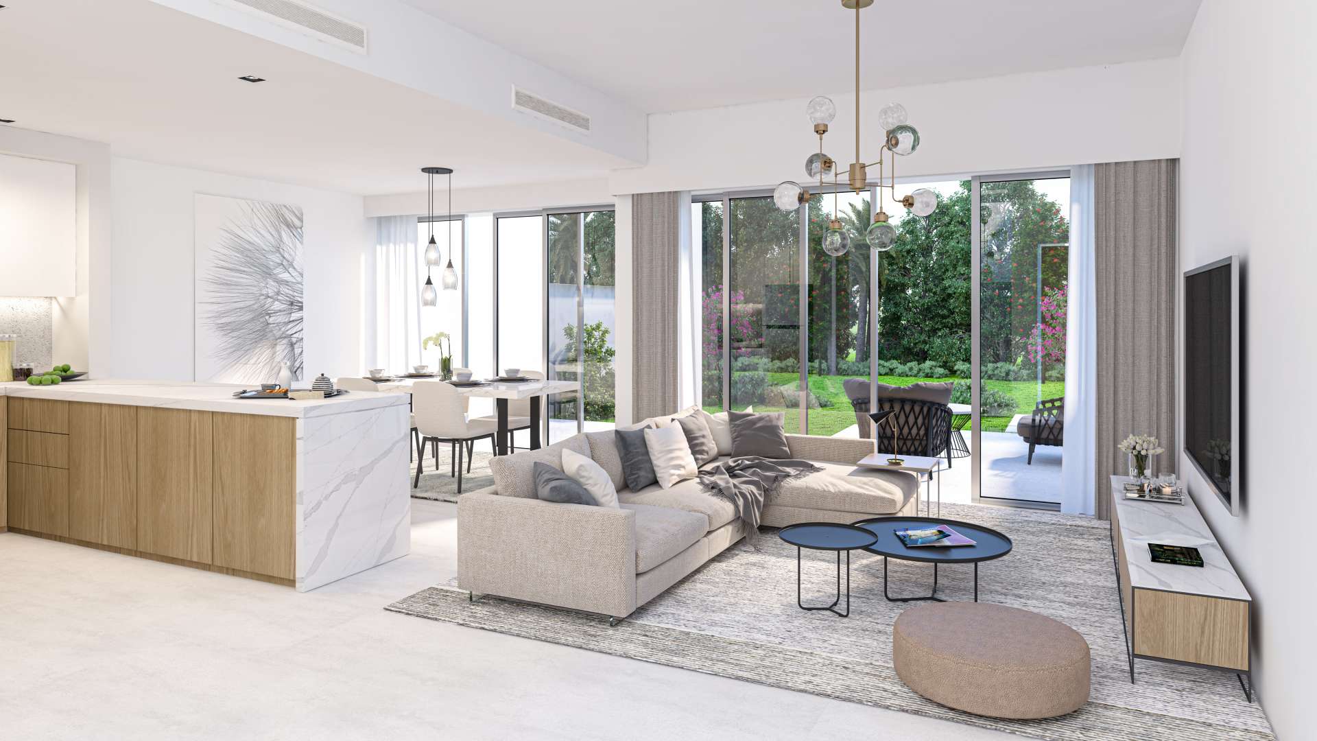 Modern three-bedroom townhouse exterior with garden in La Rosa 5, Dubailand, for sale