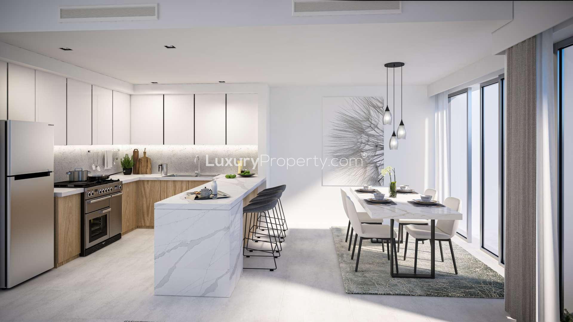 Modern living room in La Rosa 5 townhouse, Dubailand with garden view and stylish decor