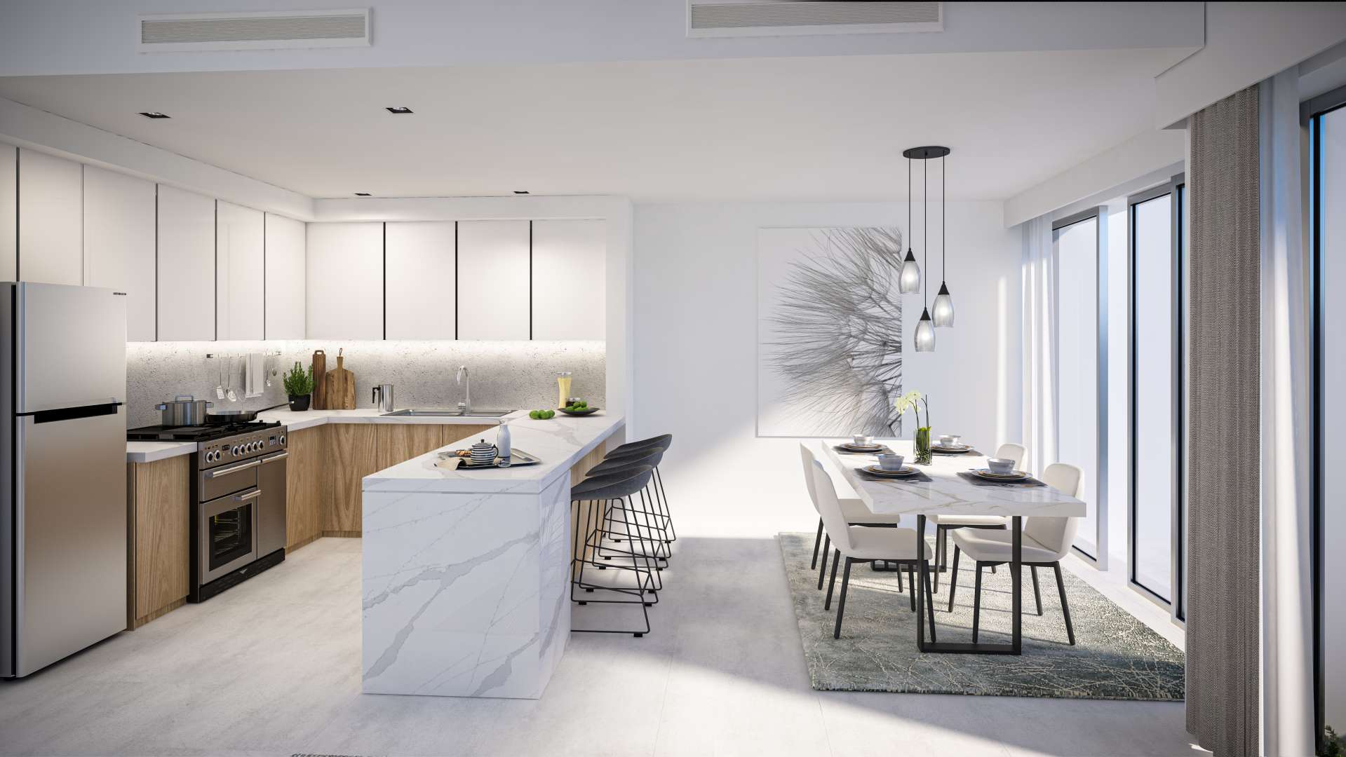 Modern living room in La Rosa 5 townhouse, Dubailand with garden view and stylish decor