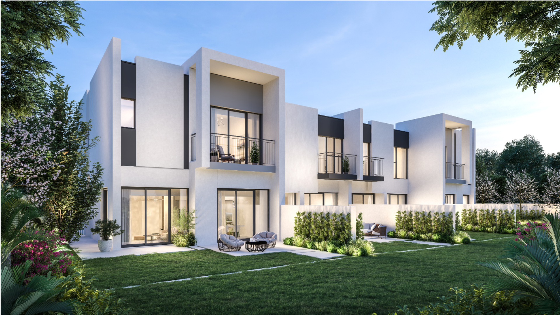 Contemporary townhouse exterior with garden in Villanova, Dubai Land, for sale