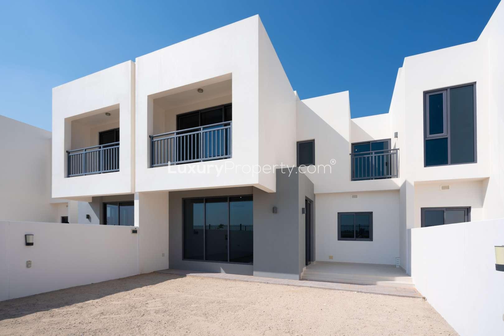 Modern 3-bedroom townhouse exterior in Maple 3, Dubai Hills Estate, available for rent
