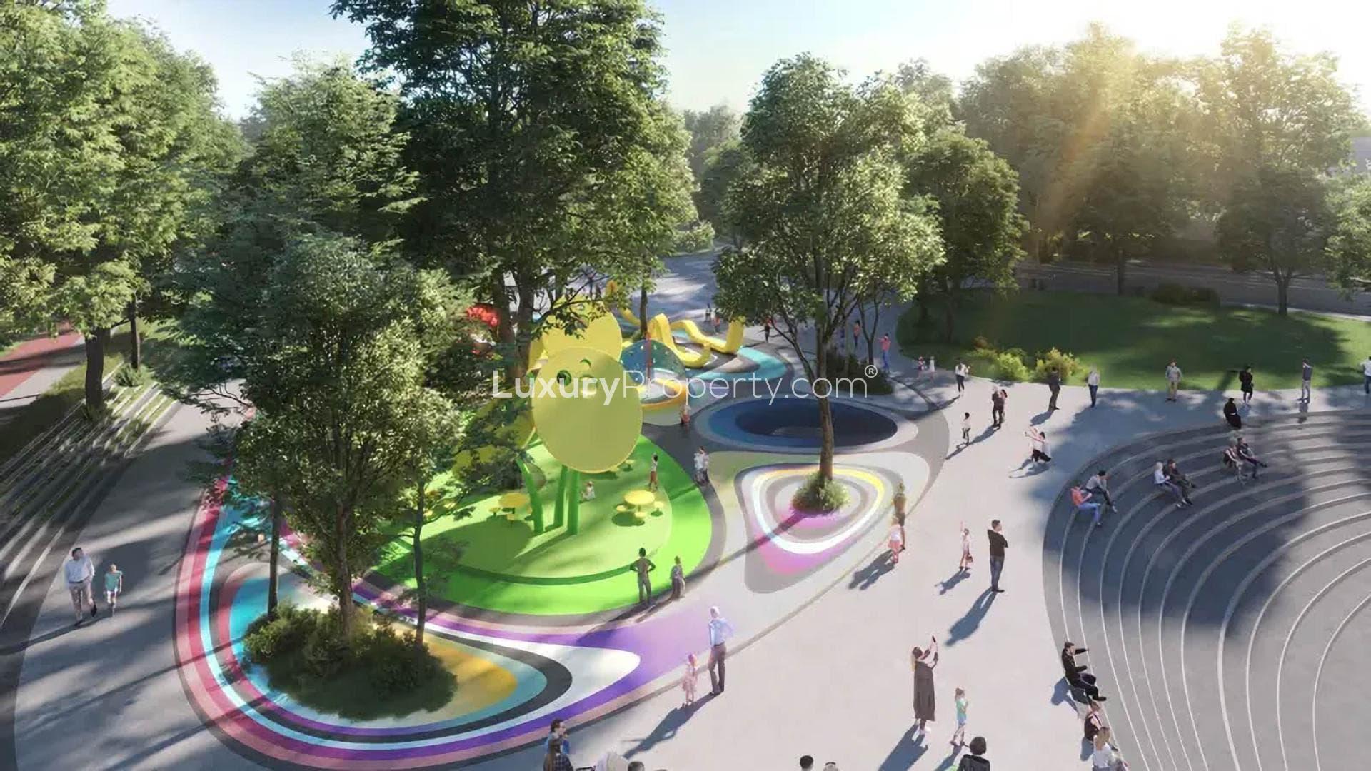 Modern interior of Jumeirah Golf Estates townhouse with sleek staircase and stylish lounge chair