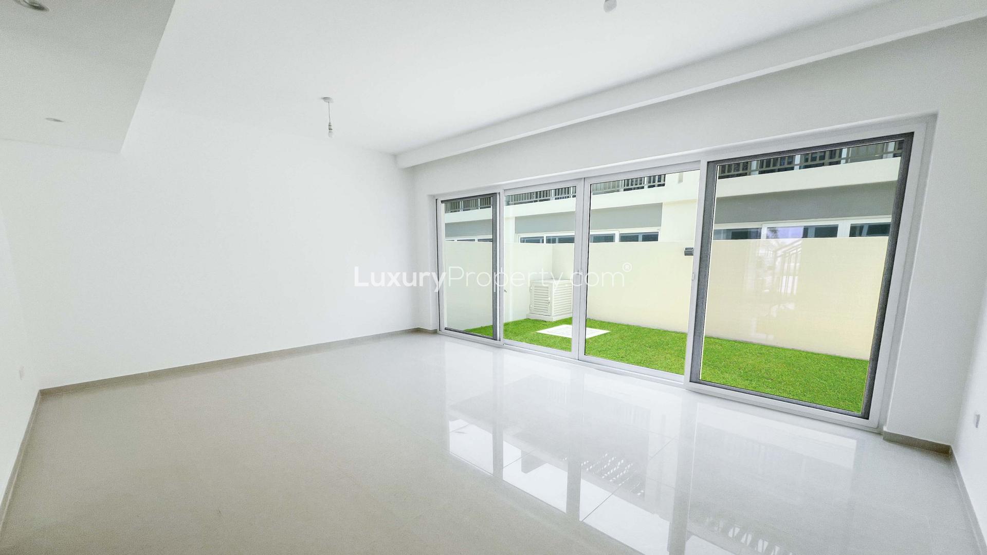 Brand new three-bedroom townhouse exterior in Victoria 2, Damac Hills 2 for sale