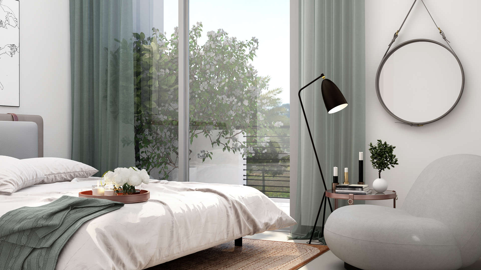 Interior of Sun Townhouses living room, Dubai, with garden view through large windows