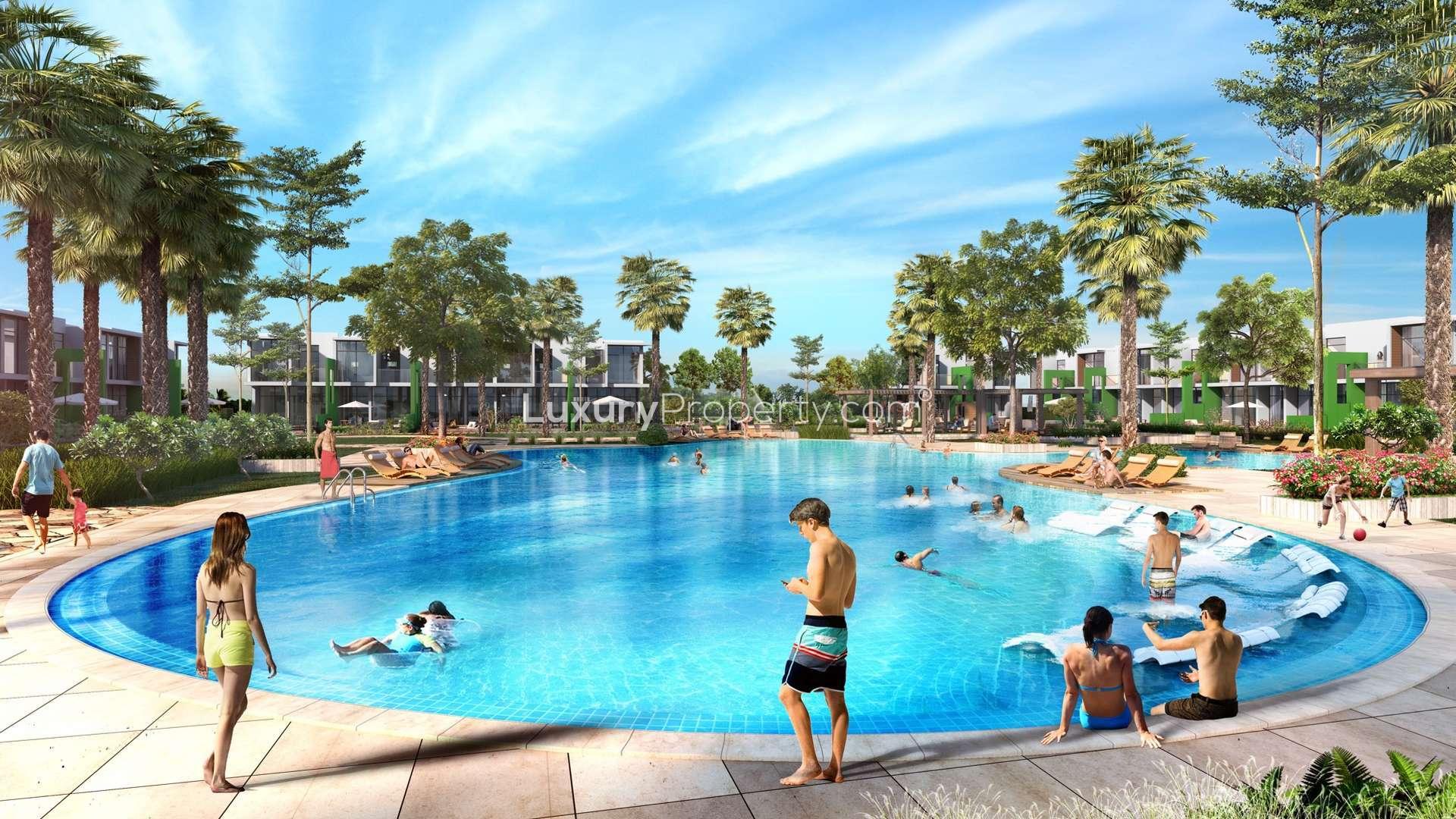 Aerial view of luxurious Damac Hills 2 community with serene lake in Vardon, Akoya Oxygen