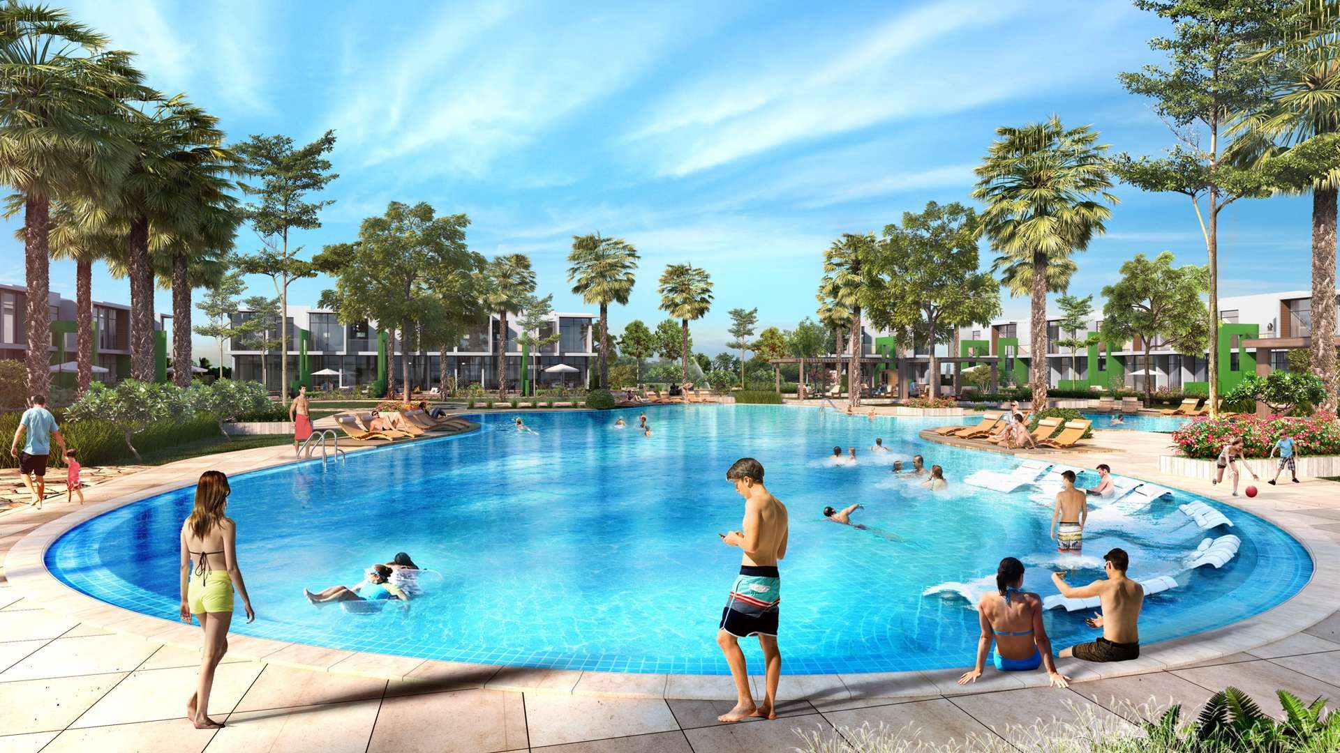 Aerial view of luxurious Damac Hills 2 community with serene lake in Vardon, Akoya Oxygen