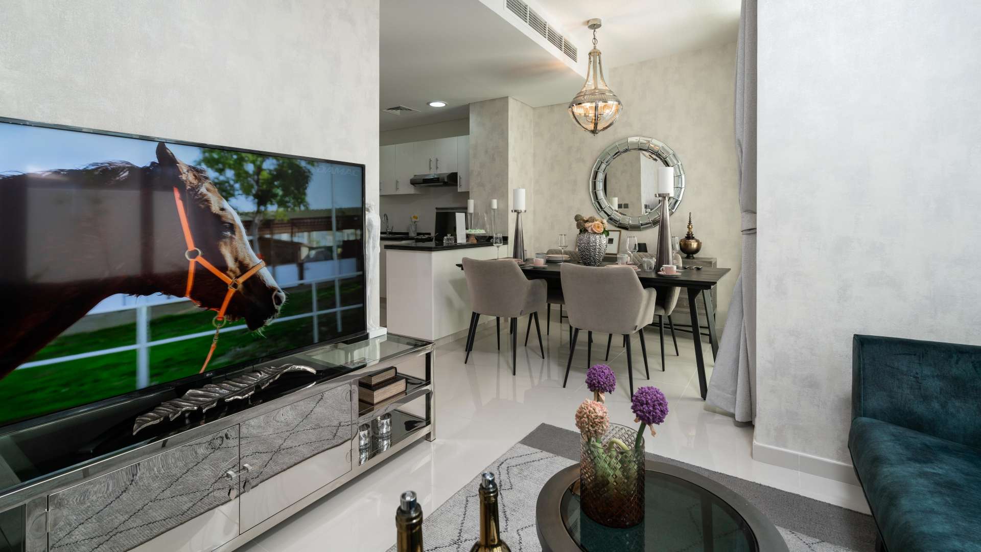 Living room in Akoya Oxygen townhouse with modern decor and large windows