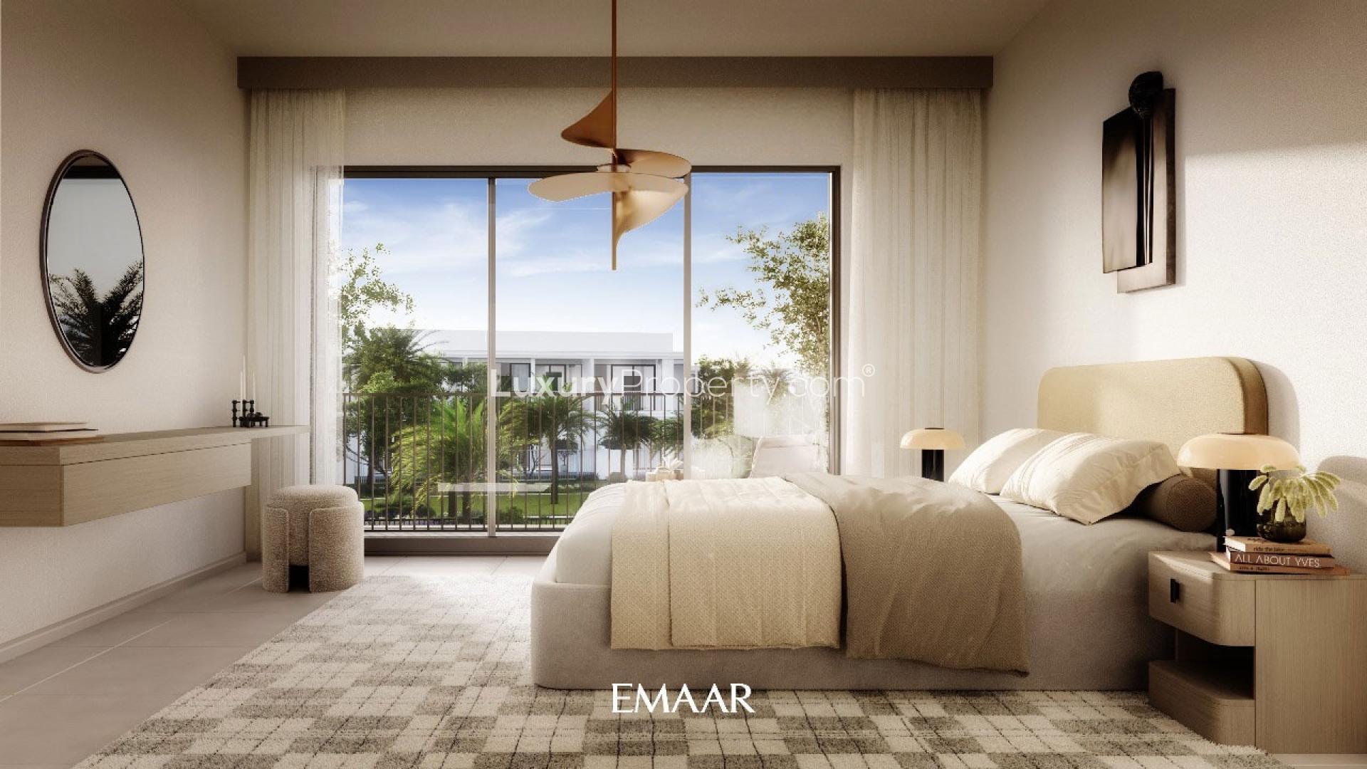 Modern living room in Greenridge townhouse with garden view, Emaar South