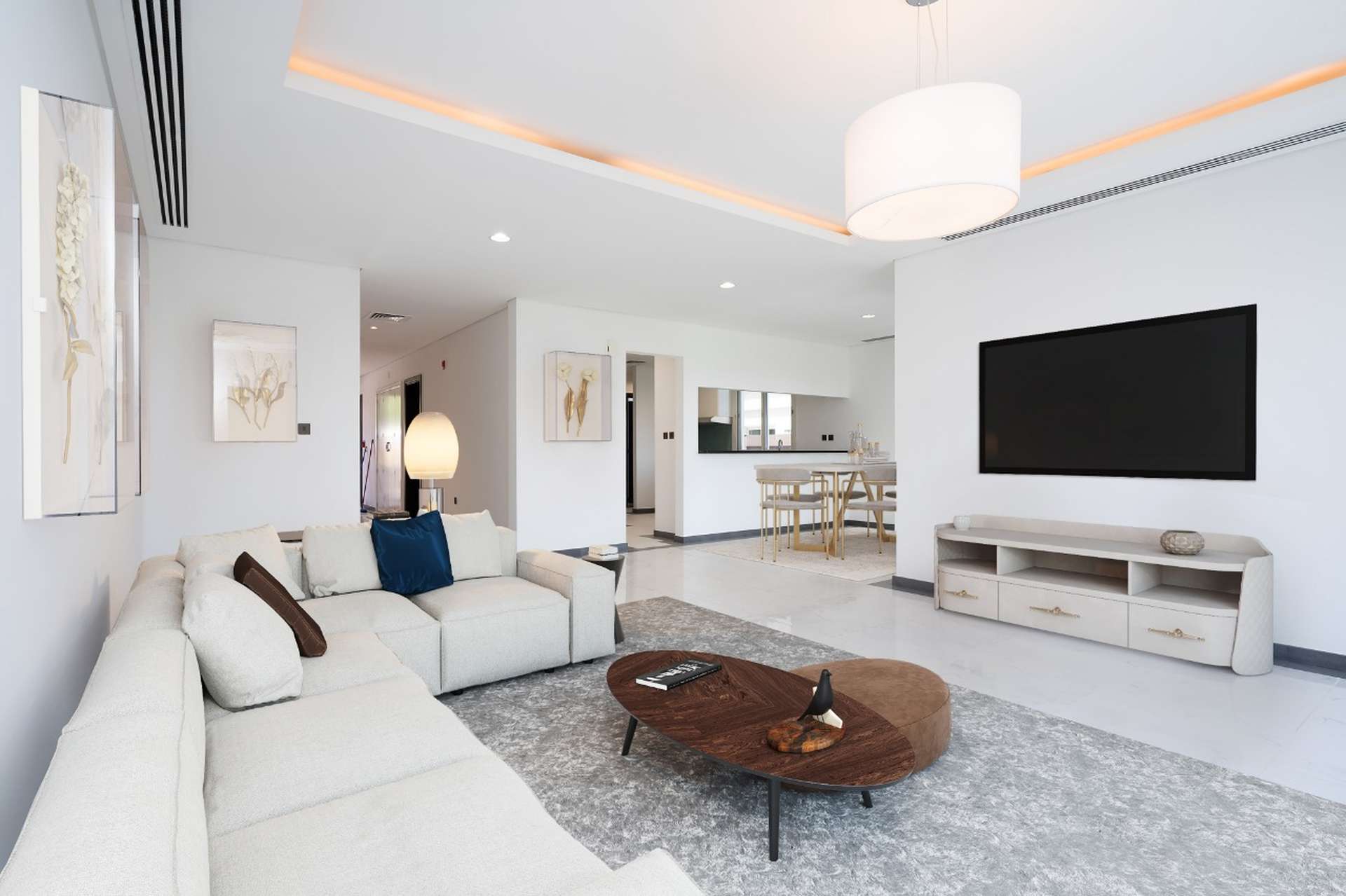 Modern open-plan living area in Al Habtoor Polo Club 3-bedroom villa for rent