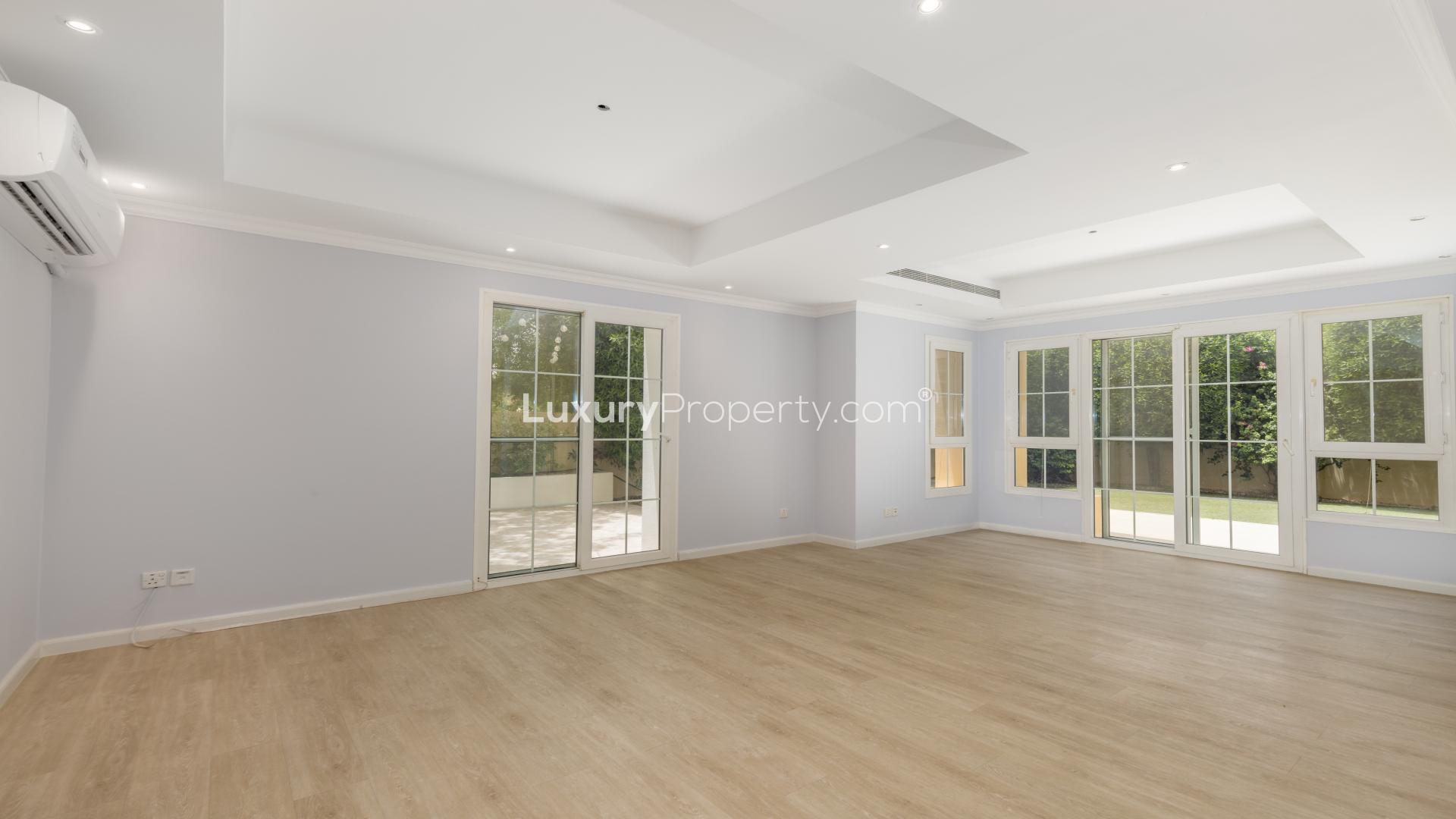 "Spacious backyard of upgraded 3-bedroom villa in Al Reem, Arabian Ranches for rent.",Bright living room in upgraded 3-bedroom villa, Al Reem, Arabian Ranches, for rent