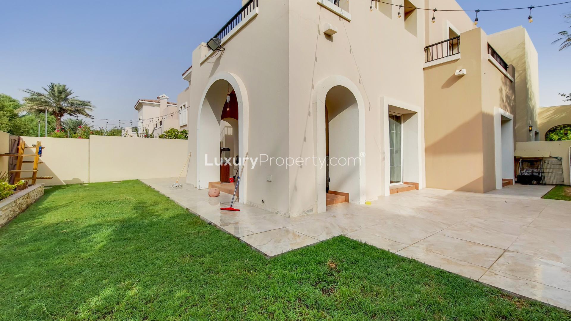 Villa exterior with driveway and garage in Al Reem, Arabian Ranches, available for rent