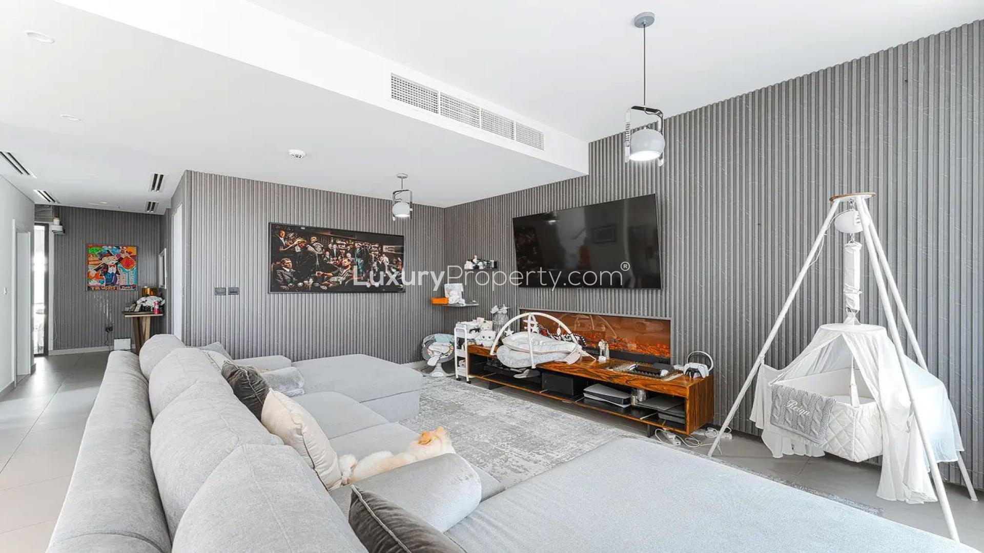 Luxury 3-bedroom villa exterior at Club Villas, Dubai Hills Estate, with lush garden view