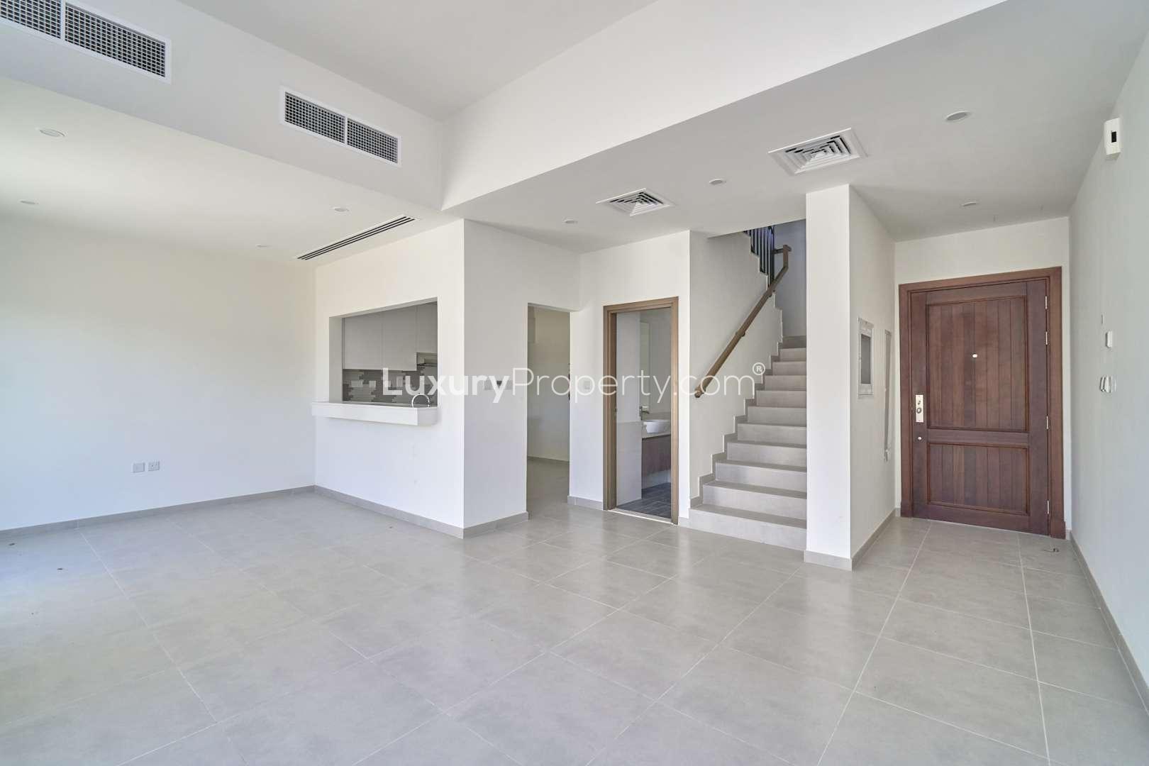 Outdoor swimming pool at three-bedroom villa for rent in Villanova, Dubai Land, Dubai