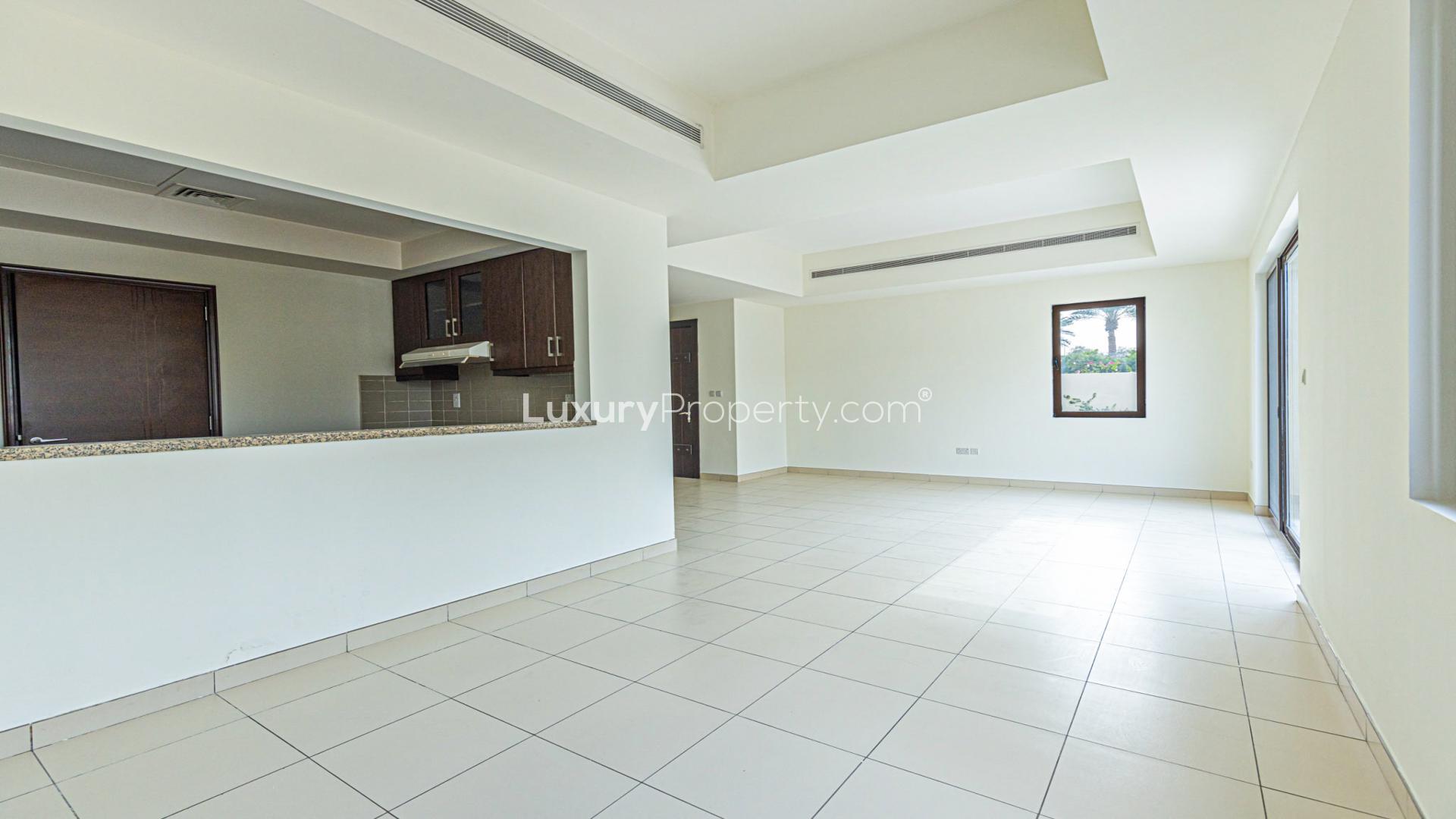 Stunning 3-bed villa exterior with driveway in Mira, Reem community, available for rent