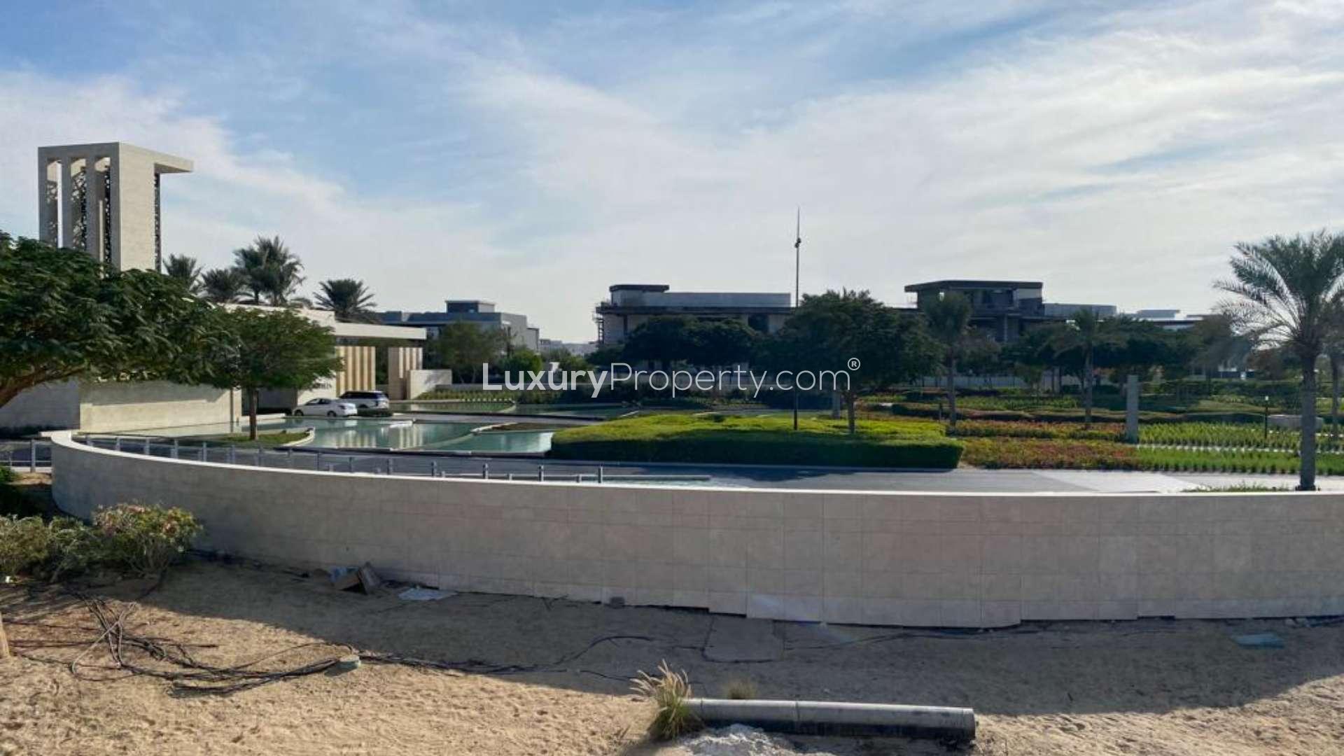 Modern kitchen in 3-bedroom villa, Dubai Hills Estate, available for rent with Burj Khalifa views