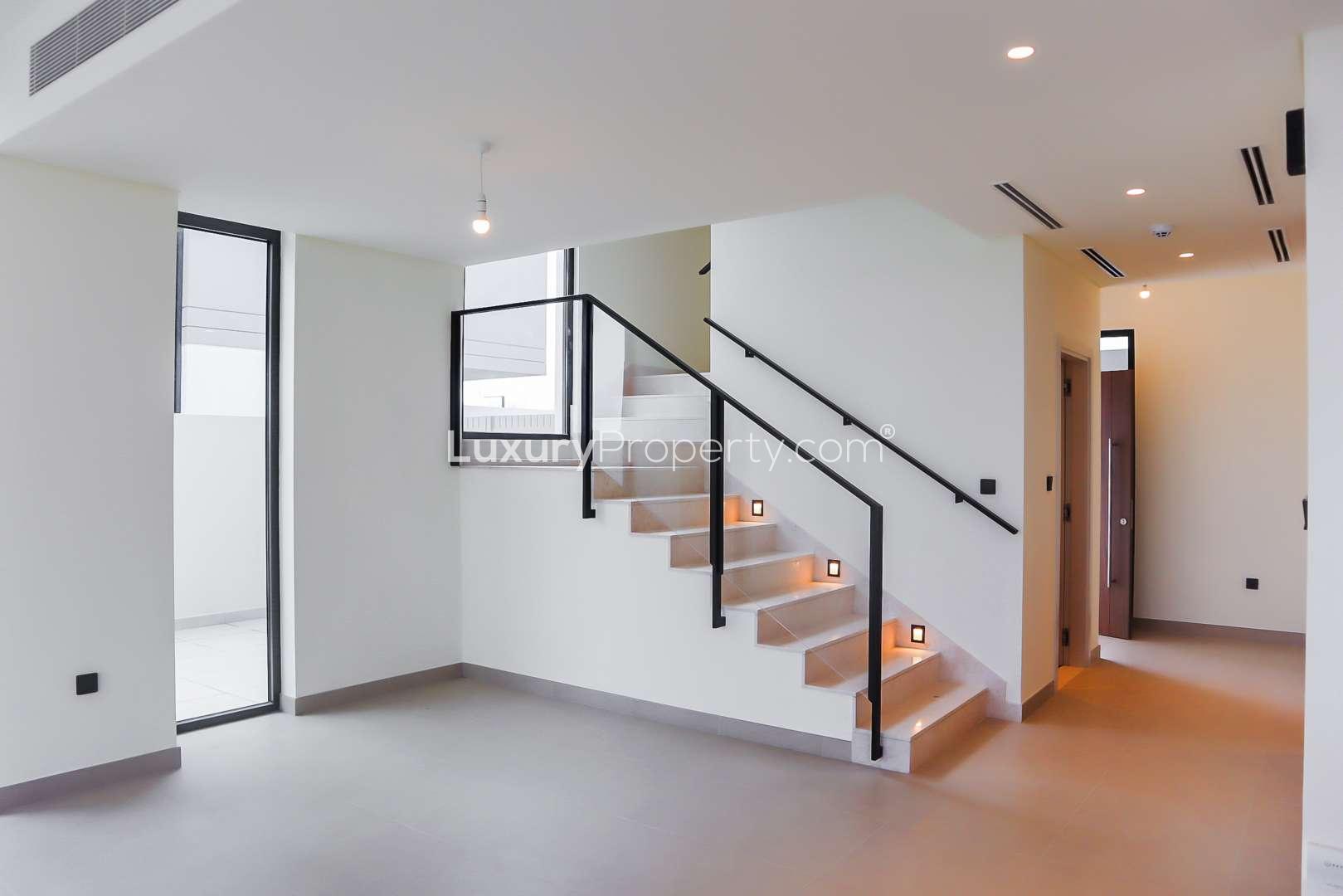 Modern staircase in 3-bedroom villa, Golf Grove, Dubai Hills Estate, available for rent