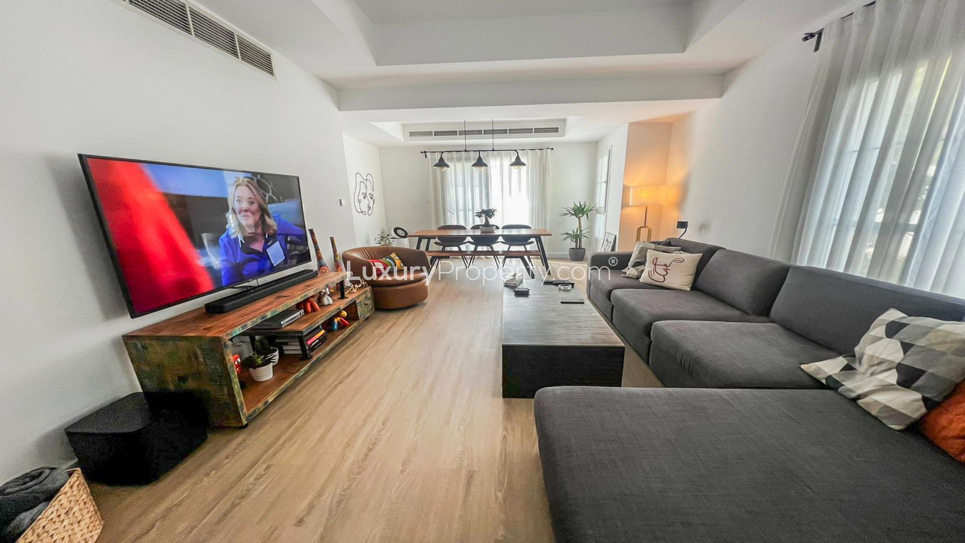 Elegant villa patio with string lights and seating area in Al Reem 1, Arabian Ranches