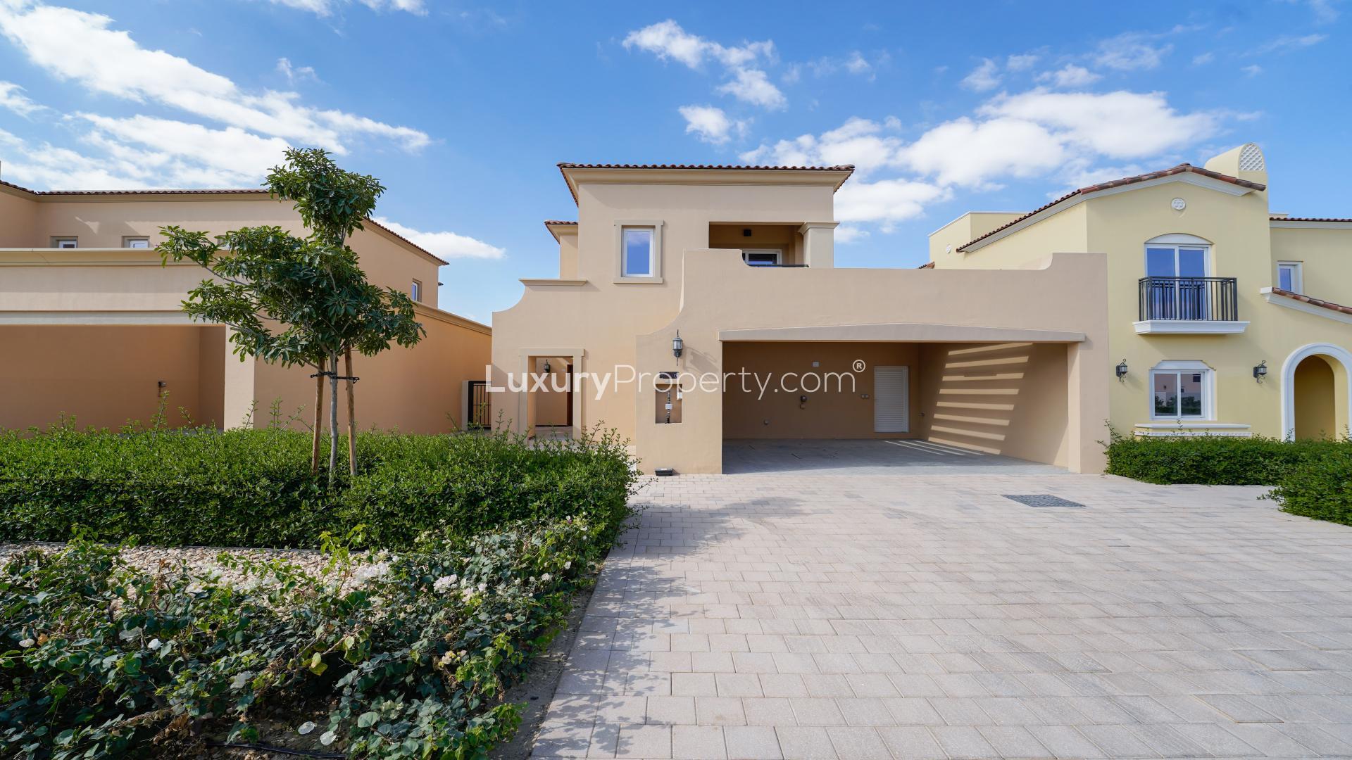 Villanova Dubai Land villa with community park and playground access, available for rent