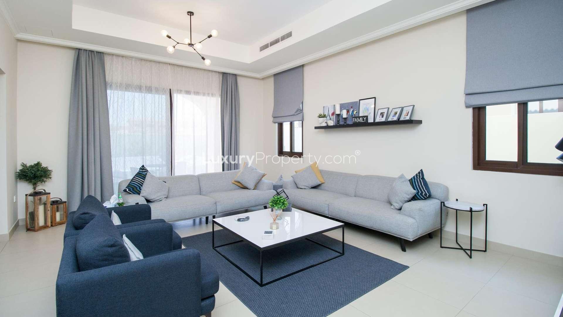 Beautiful villa exterior with landscaped garden in Arabian Ranches 2, Lila, available for rent