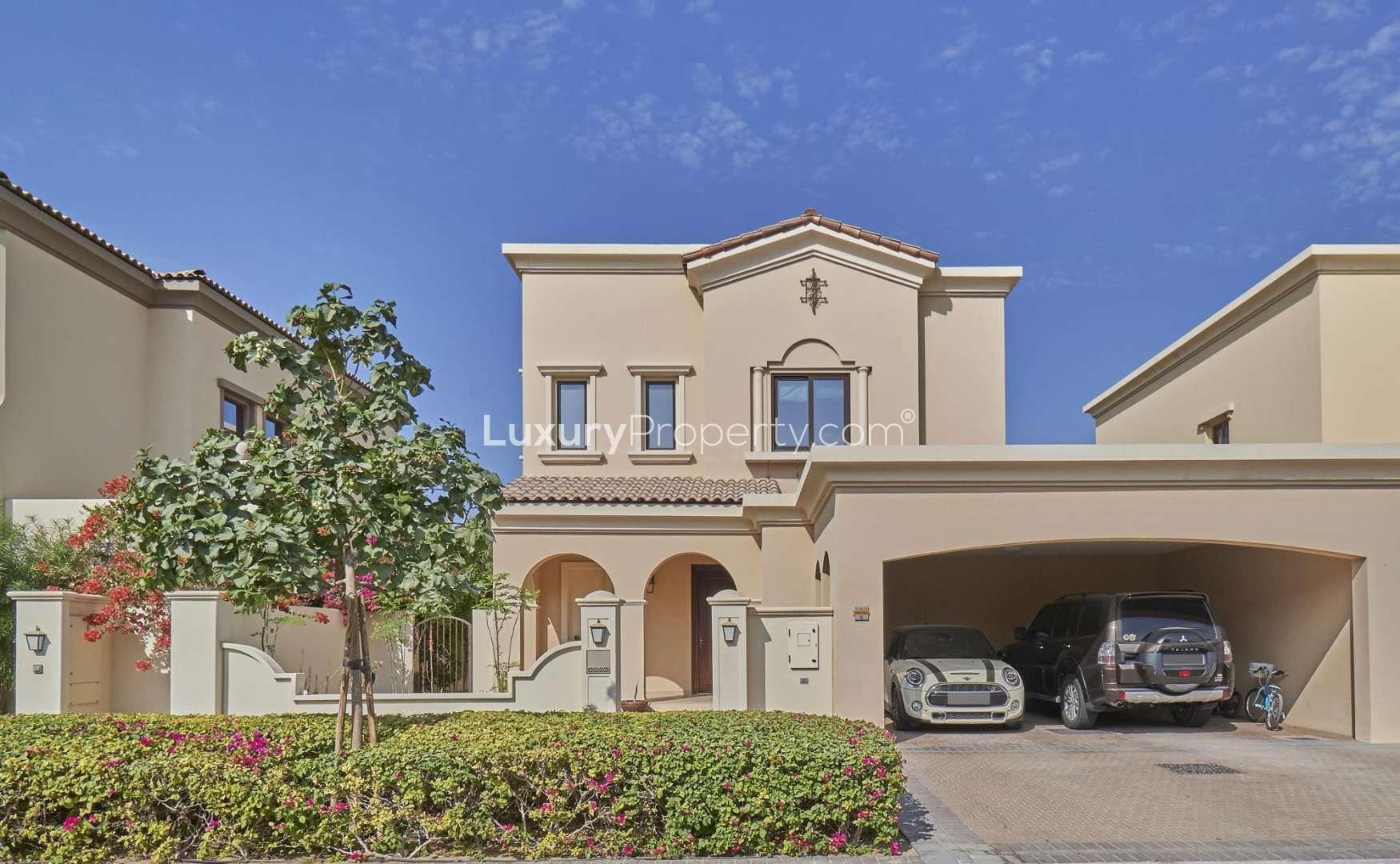 Stunning villa exterior with patio in Lila, Arabian Ranches 2 for rent