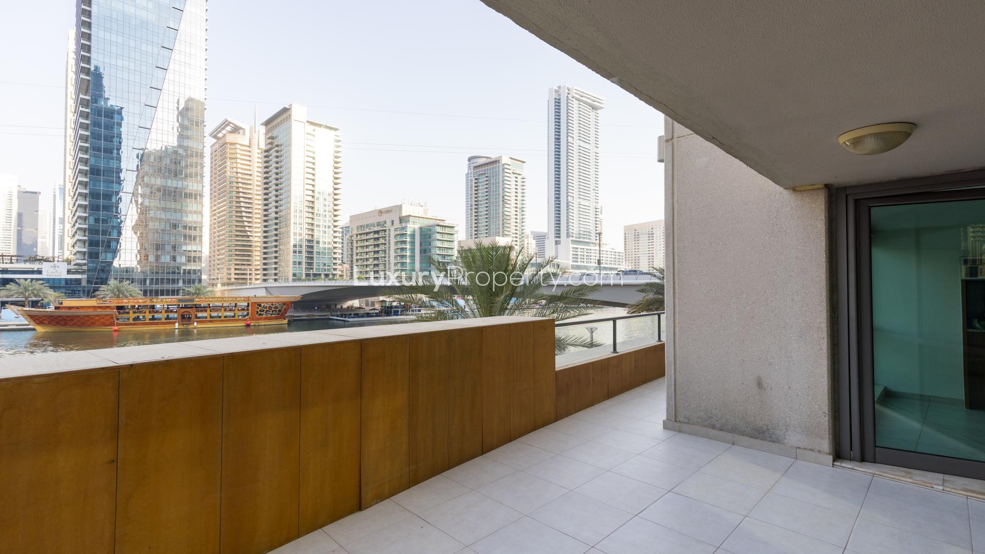 Spacious balcony view of Dubai Marina skyline from Marina Quays apartment for rent