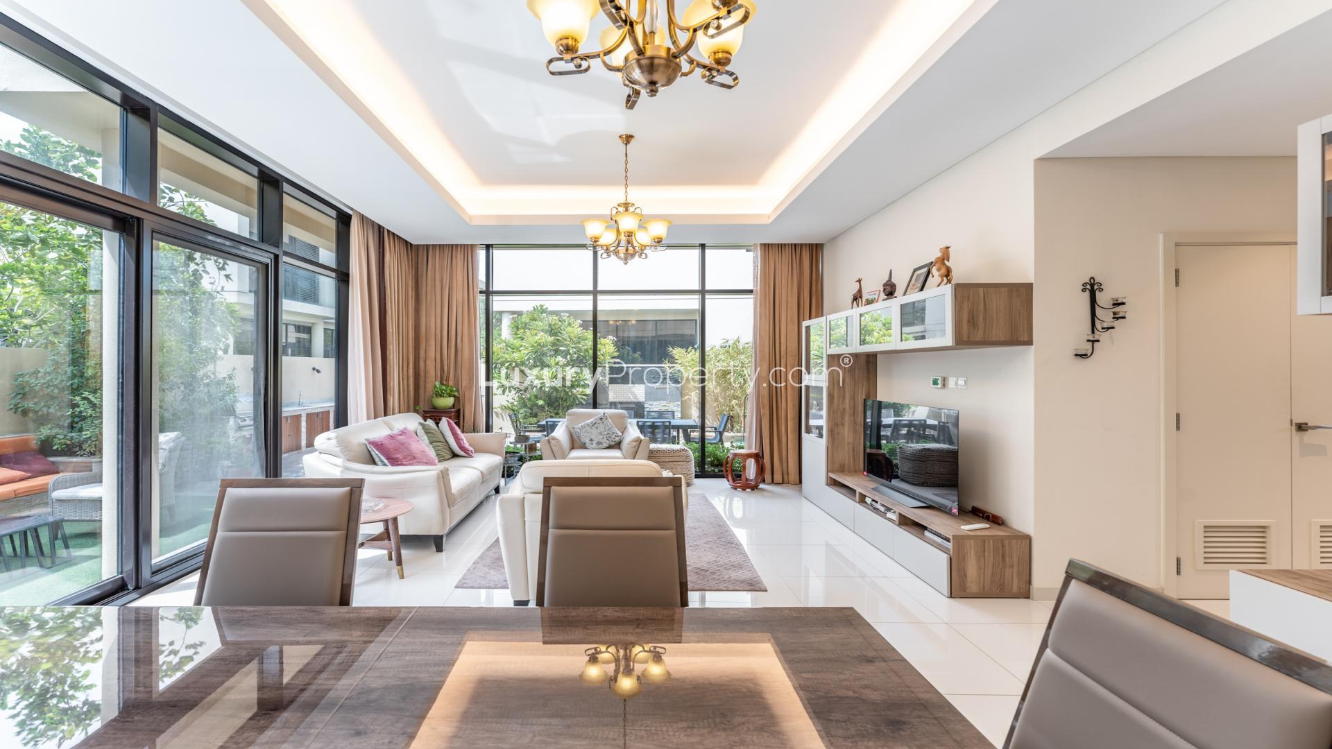 Luxurious living room in furnished 3-bed villa, Damac Hills, Rockwood community