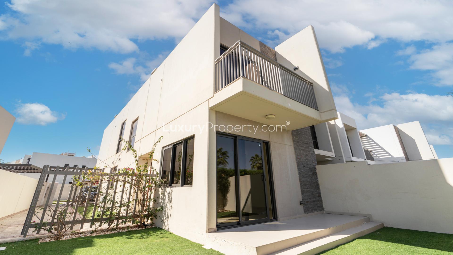 Exterior view of spacious 3-bedroom villa for rent in Damac Hills 2, Odora