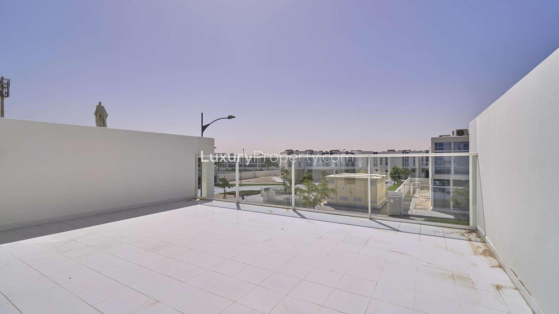 Front view of a modern villa in Pacifica, Damac Hills 2, available for rent