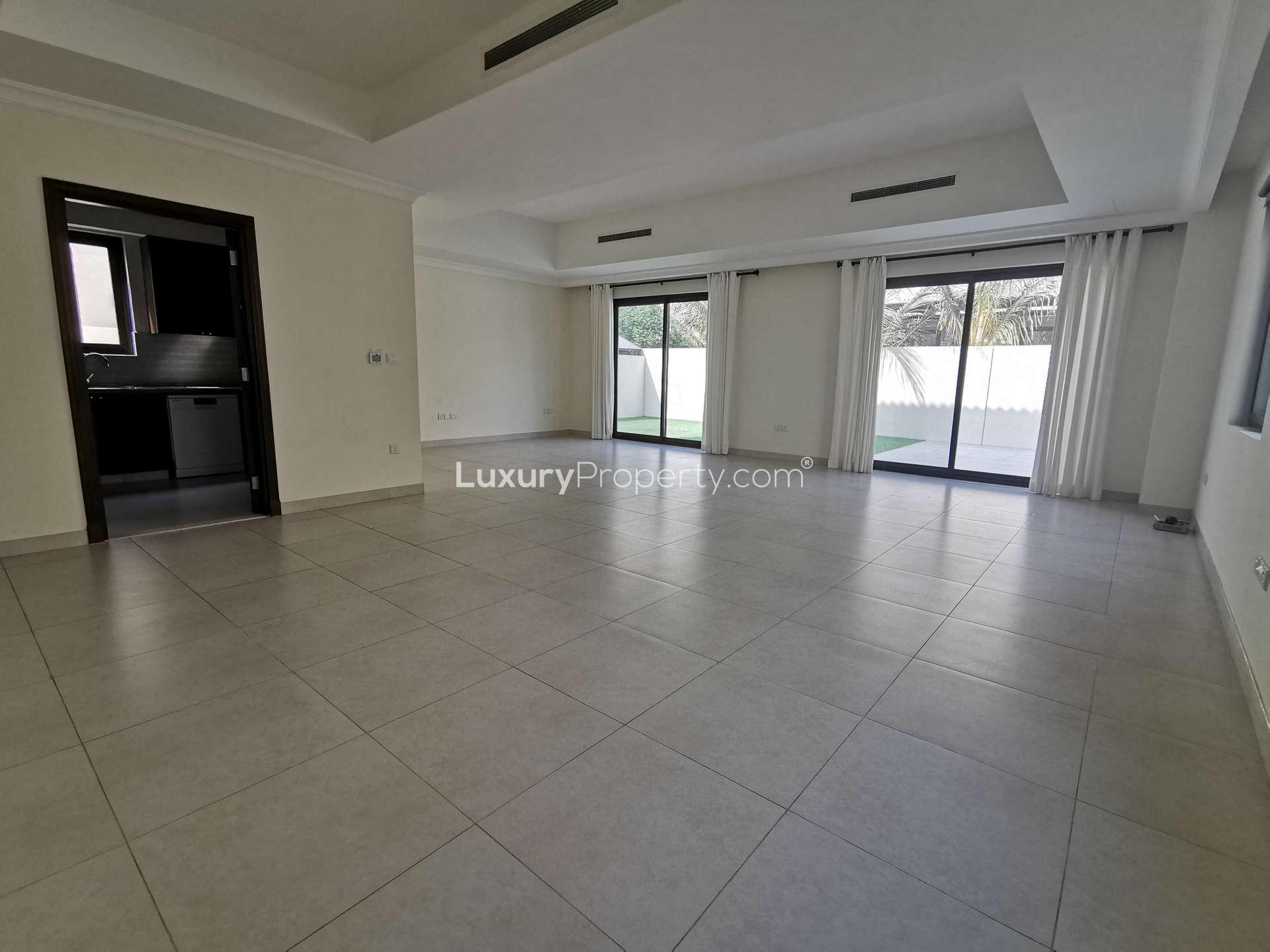 Spacious 3-bedroom villa exterior with garden in Palma, Arabian Ranches 2 for rent