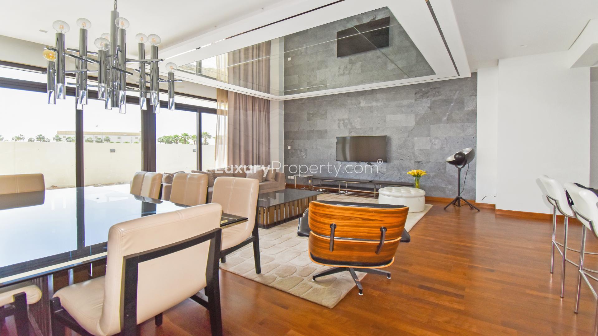 Luxurious living room in fully furnished villa, Damac Hills, Picadilly Green, for rent