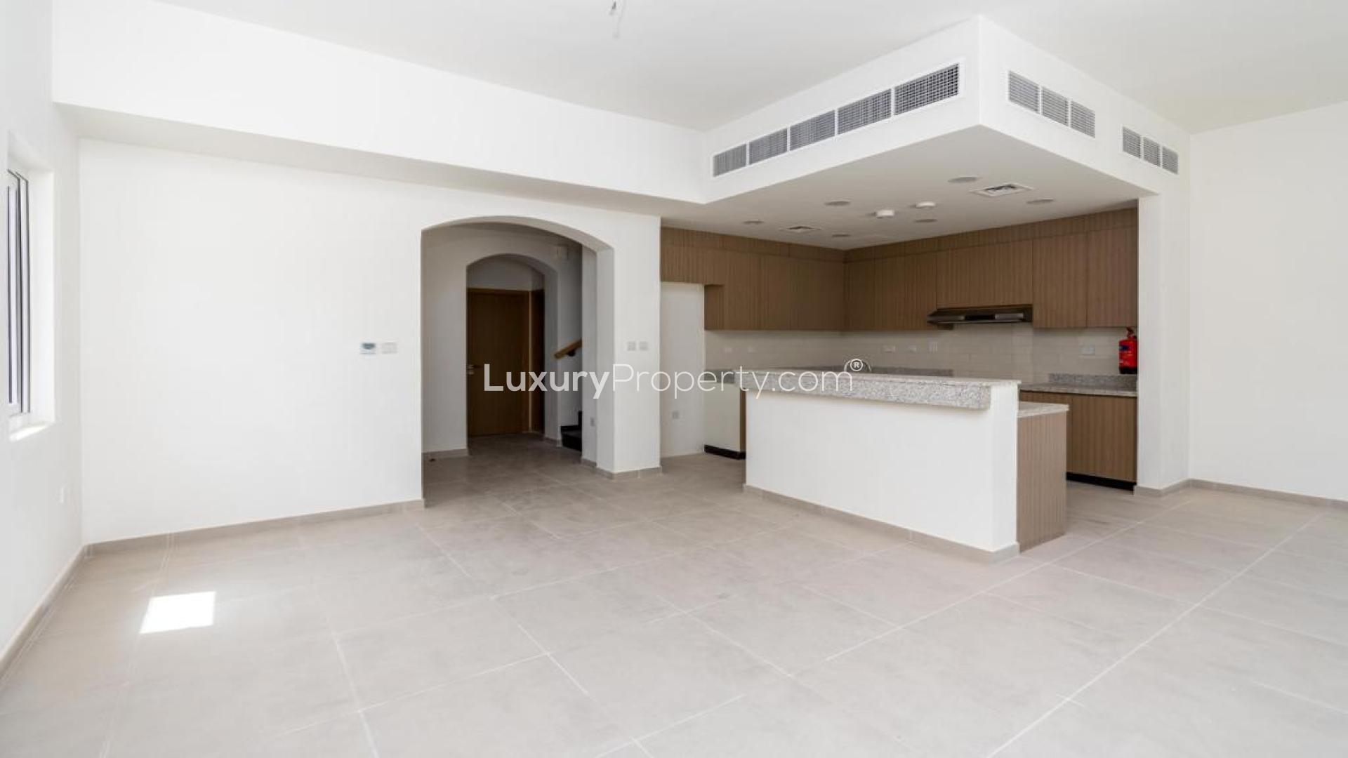 Interior of modern kitchen and living area in Amaranta villa, Villanova, for rent