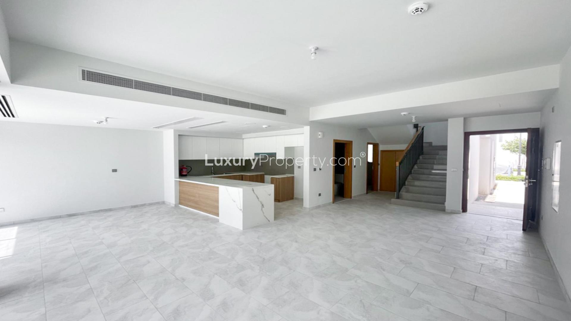 Brand new villa interior with large windows, tile flooring in La Rosa 5, Dubai Land