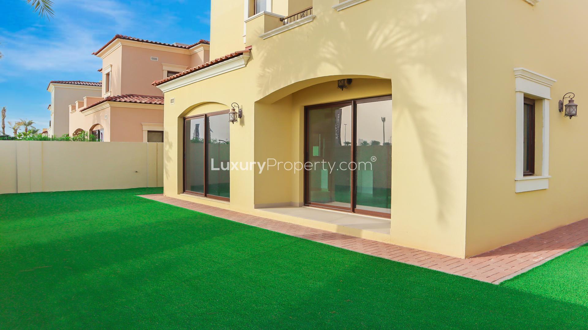 Beautiful 3-bedroom villa exterior in Arabian Ranches 2, Samara, with landscaped garden for rent