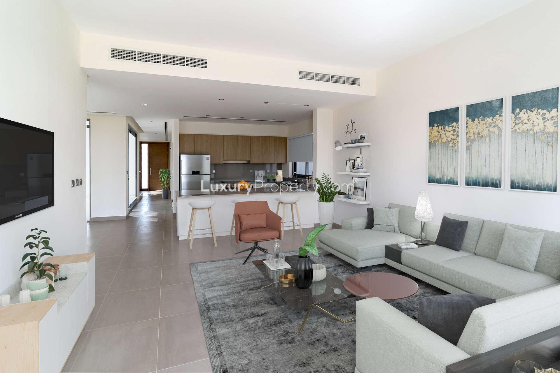 Bright hallway in spacious 3-bedroom villa, Sidra, Dubai Hills Estate, with large windows and railing