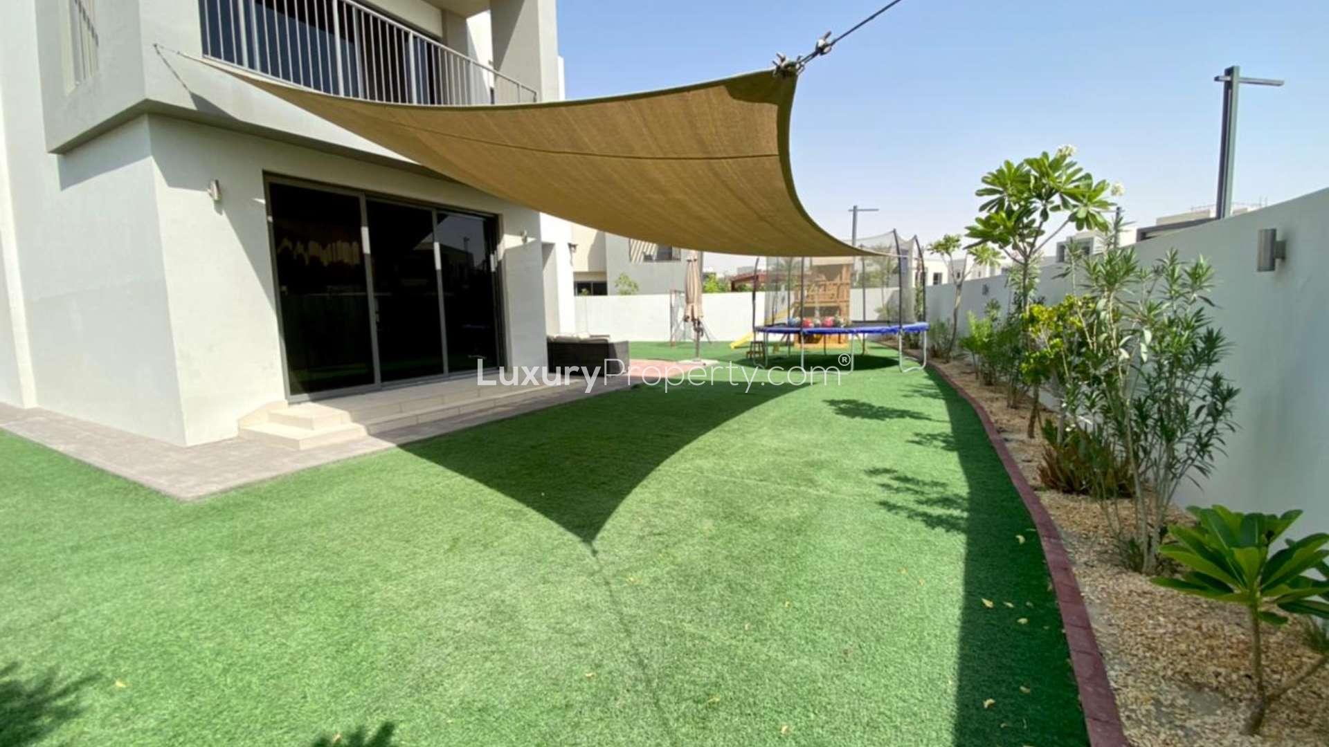 Covered patio and garden area of 3-bedroom villa in Sidra, Dubai Hills Estate